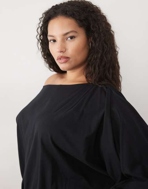 ASOS DESIGN Curve off shoulder batwing mini dress in black, 4 of 4