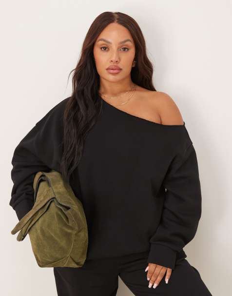 ASOS DESIGN Curve off shoulder brushback sweatshirt in black - view 1