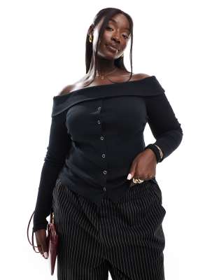 ASOS Curve ASOS DESIGN Curve off shoulder button down top in black