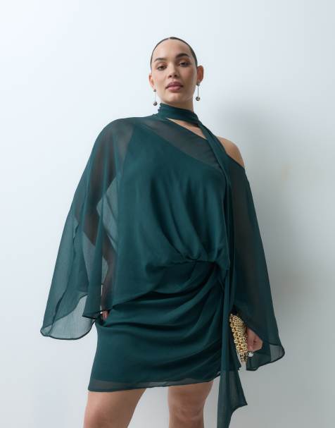 ASOS DESIGN Curve off shoulder chiffon cape mini dress with scarf in teal - view 1