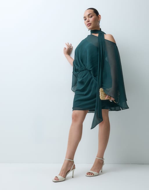 ASOS DESIGN Curve off shoulder chiffon cape mini dress with scarf in teal, 2 of 5