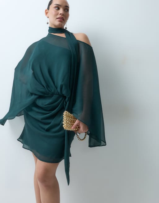 ASOS DESIGN Curve off shoulder chiffon cape mini dress with scarf in teal, 4 of 5