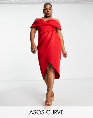 ASOS DESIGN Curve off shoulder corset midi dress in red