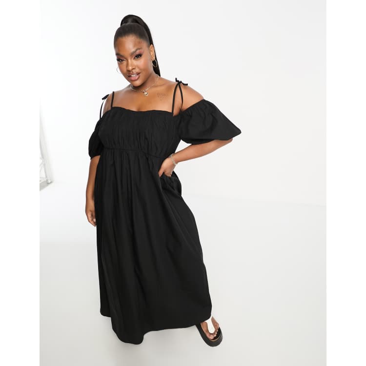 ASOS DESIGN Curve off shoulder cotton maxi dress with ruched bust detail in  black