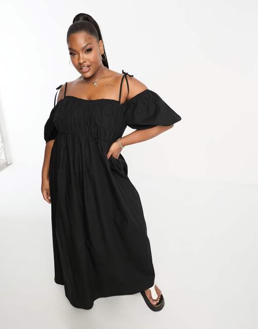 ASOS DESIGN Curve off shoulder cotton maxi dress with ruched bust detail in black