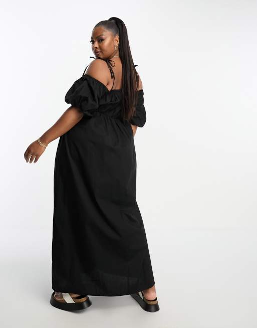 ASOS DESIGN Curve off shoulder cotton maxi dress with ruched bust detail in black, 2 of 4