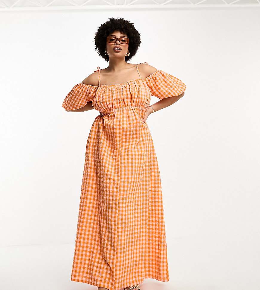 ASOS DESIGN Curve off shoulder cotton maxi dress with ruched bust detail in pink and orange gingham-