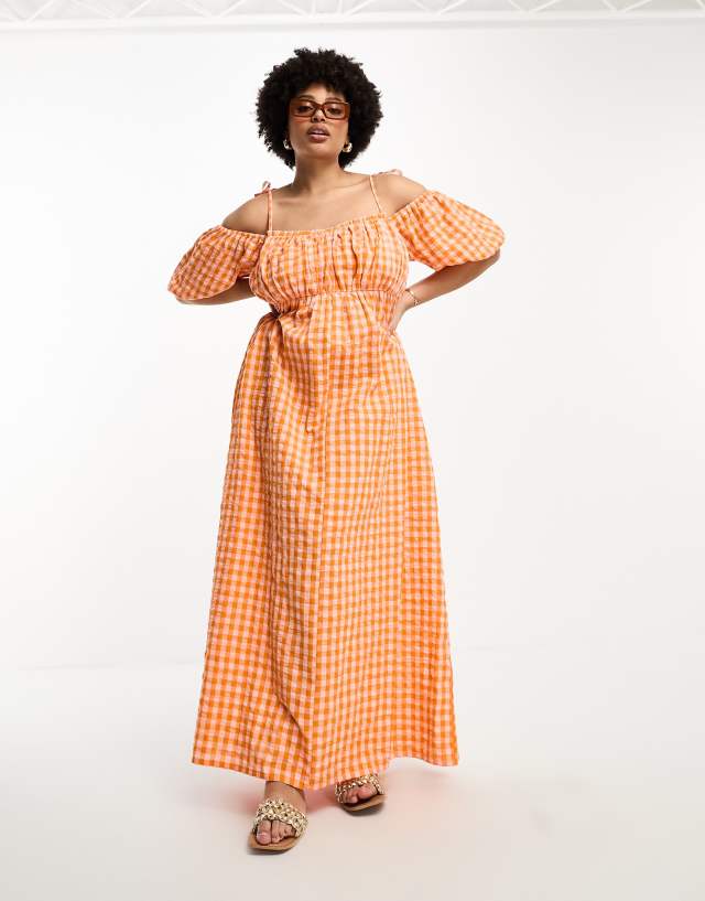 ASOS Curve - ASOS DESIGN Curve off shoulder cotton maxi dress with ruched bust detail in pink and orange gingham