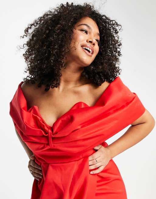 ASOS DESIGN Curve off shoulder fold wrap pleat midi dress in red ASOS