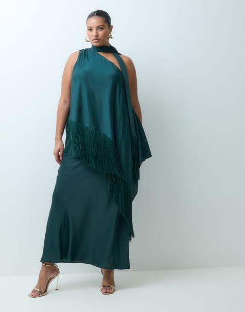 ASOS DESIGN Curve off shoulder fringe satin maxi dress with scarf in dark green