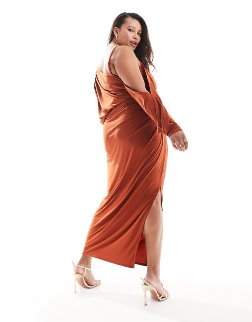 ASOS DESIGN Curve off shoulder grecian drape midi dress in rust