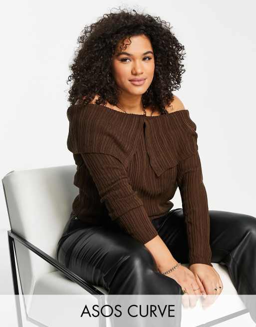 ASOS DESIGN Curve off shoulder jumper with collar detail in brown