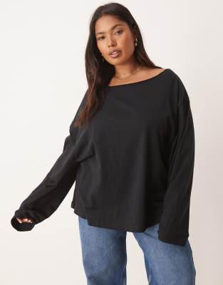 Asos Curve Asos Design Curve Off Shoulder Long Sleeve Tee-black