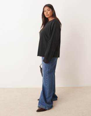 Asos Curve Asos Design Curve Off Shoulder Long Sleeve Tee-black In Black