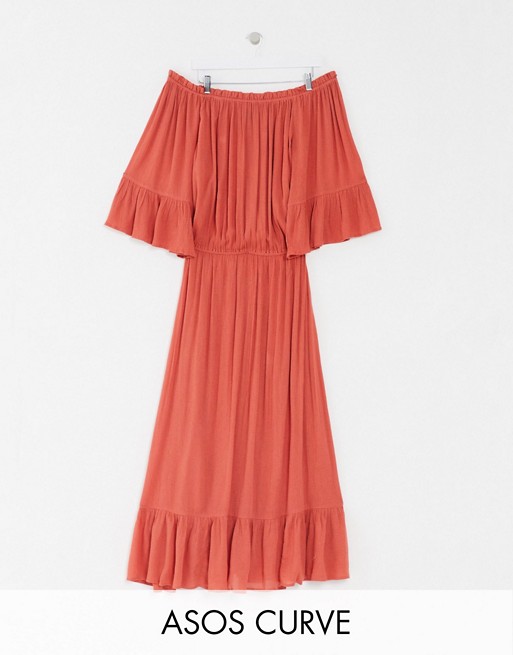 ASOS DESIGN Curve off shoulder maxi dress in texture dobby in rust