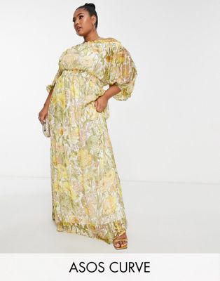 ASOS DESIGN Curve Off shoulder maxi dress with blouson sleeve in self stripe in meadow floral