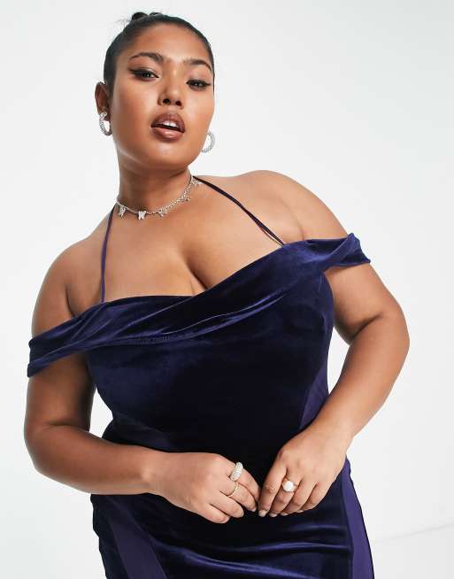 ASOS DESIGN Curve off shoulder mesh insert velvet midi dress in midnight  blue