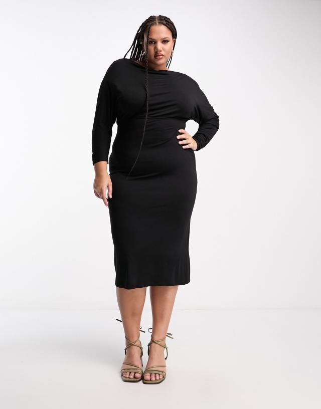 ASOS DESIGN Curve off shoulder midi dress with long sleeve in black