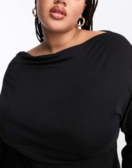 ASOS DESIGN Curve off shoulder midi dress with long sleeve in black , 3 of 4
