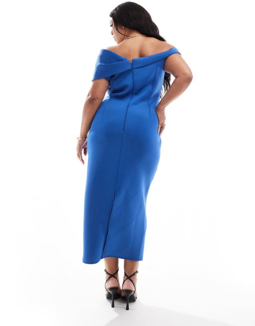 ASOS DESIGN Curve off shoulder  midi dress with pleat bust in blue in scuba-style fabric, 2 of 4