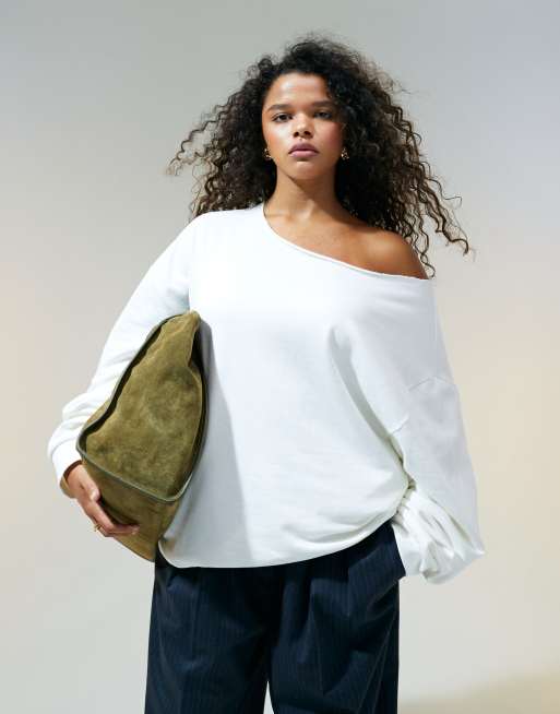 ASOS Design Curve Off Shoulder Oversized Sweatshirt in White