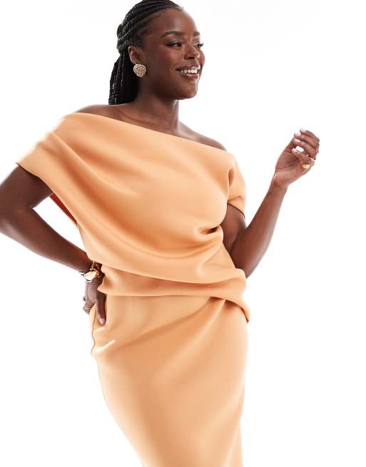 ASOS DESIGN Curve off shoulder pleat waist detail pencil midi dress in apricot ASOS