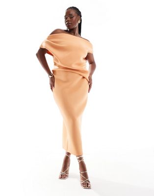 Asos Curve Asos Design Curve Off-shoulder Pleated Waist Detail Midi Pencil Dress In Apricot-orange