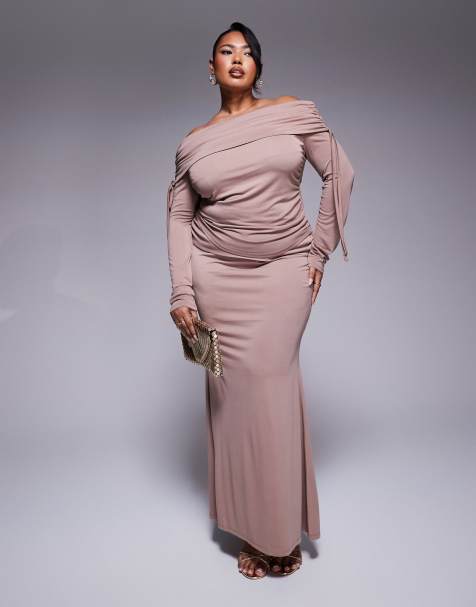 ASOS DESIGN Curve off shoulder ruched long sleeve top and maxi skirt mink - view 1