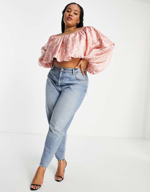 Off the shoulder long cheap sleeve ruffle crop top