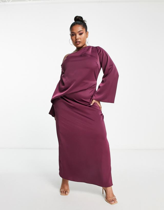 ASOS DESIGN Curve off shoulder satin maxi dress with drape detail in wine