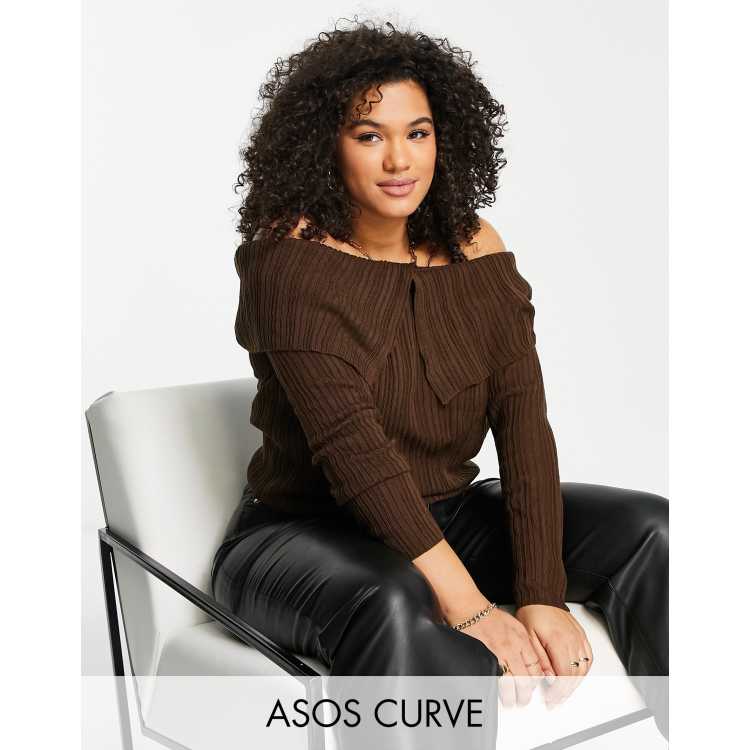 ASOS DESIGN Curve off shoulder sweater with collar detail in brown