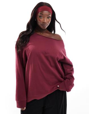 ASOS DESIGN Curve off shoulder sweatshirt in burgundy-Red