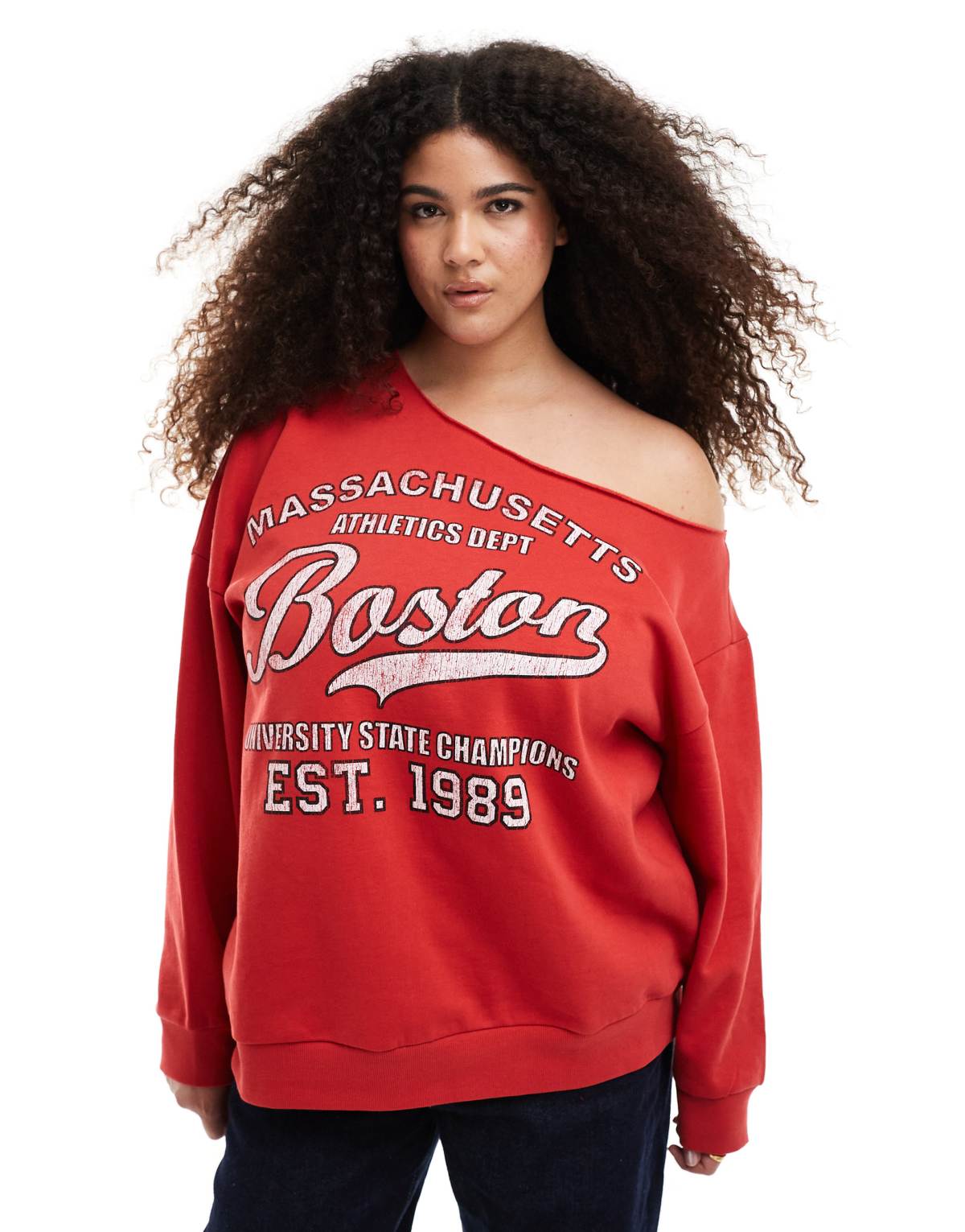 ASOS DESIGN Curve off shoulder sweatshirt with Boston graphic in red