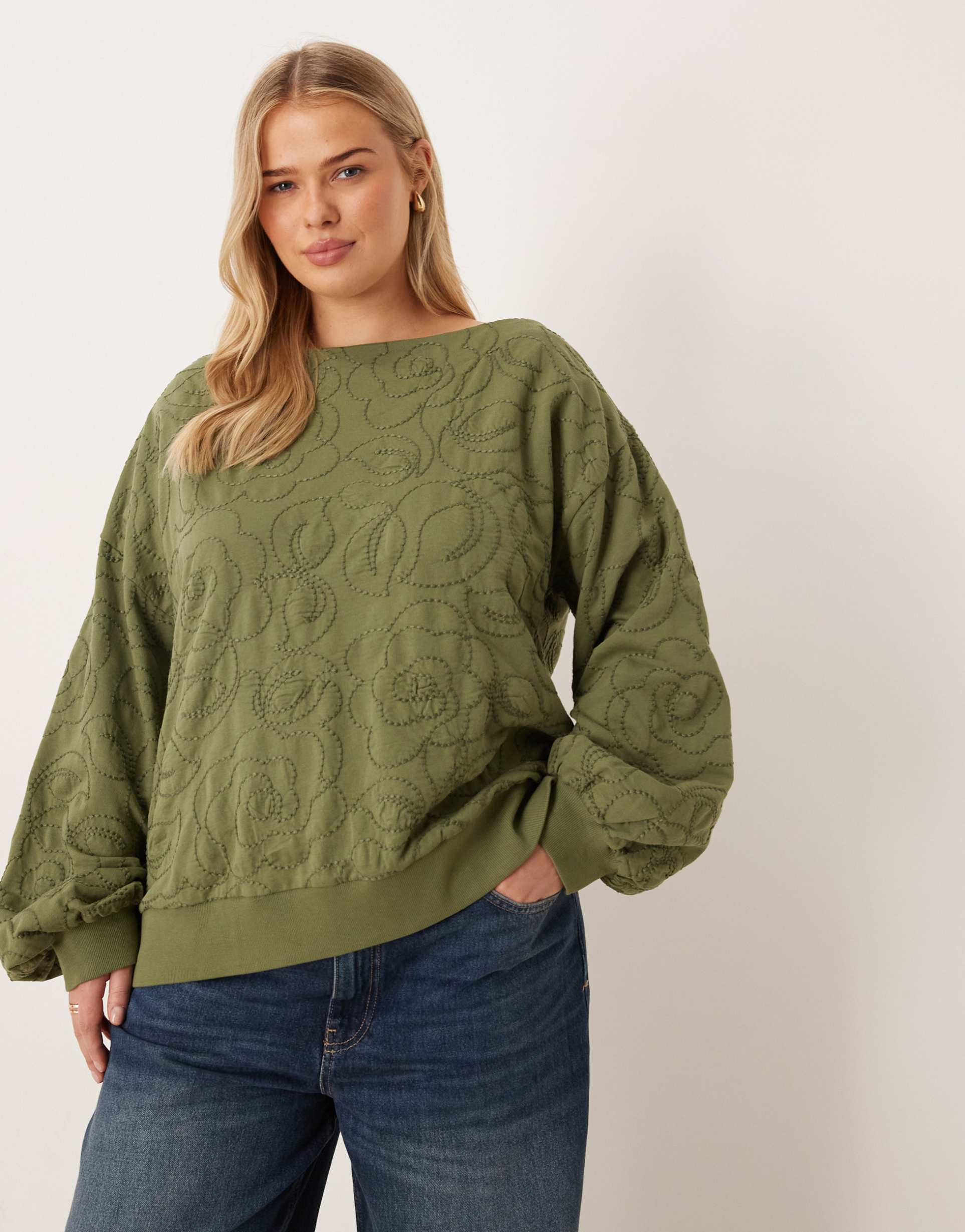 asos design curve off shoulder sweatshirt with embroidery detail in washed khaki