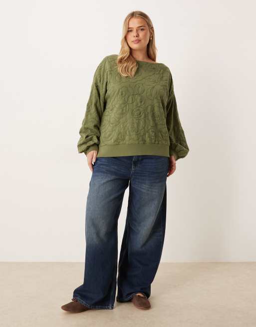 ASOS DESIGN Curve off shoulder sweatshirt with embroidery detail in washed khaki, 2 of 4