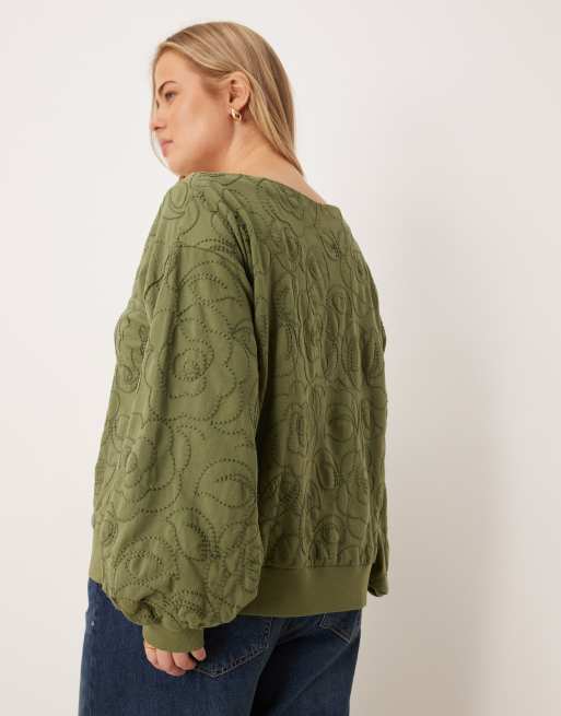 ASOS DESIGN Curve off shoulder sweatshirt with embroidery detail in washed khaki, 4 of 4