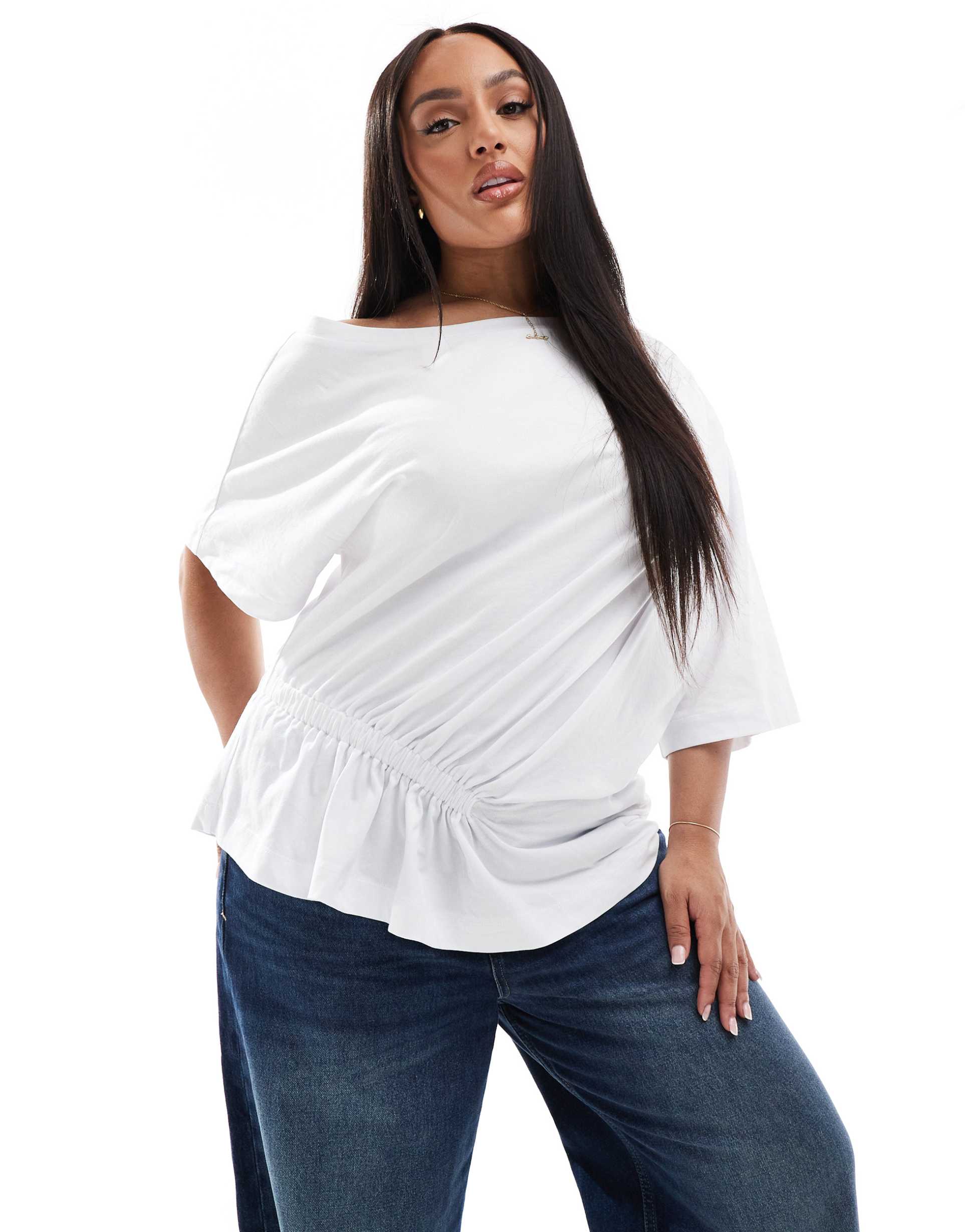 asos design curve off shoulder t-shirt with elastic ruched detail in white