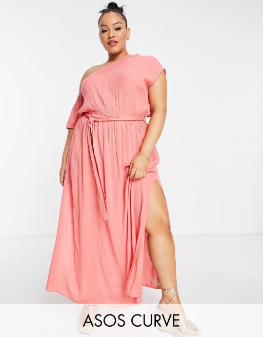 ASOS DESIGN Curve off shoulder tie waist maxi beach dress in rusty coral