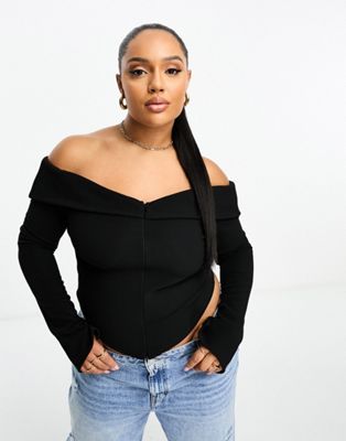 Asos Curve Asos Design Curve Off Shoulder Top With Double Ended Zip In Black