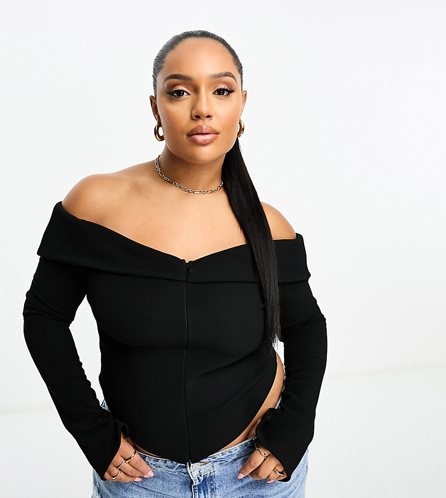 ASOS DESIGN Curve off shoulder top with double ended zip in black