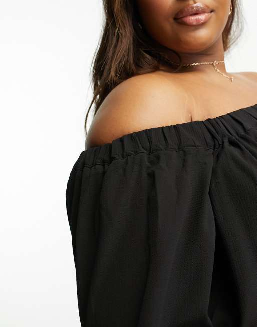 ASOS DESIGN Curve off shoulder trapeze maxi dress with pep hem in black, 2 of 4
