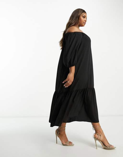 ASOS DESIGN Curve off shoulder trapeze maxi dress with pep hem in black, 3 of 4