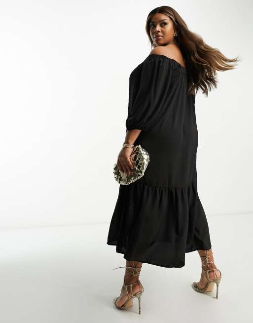 ASOS DESIGN Curve off shoulder trapeze maxi dress with pephem in black
