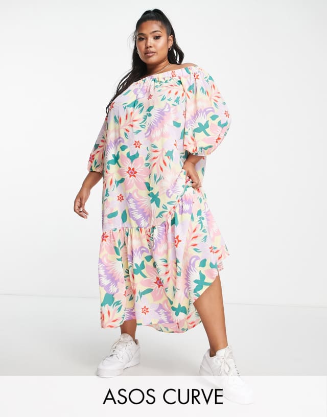 ASOS DESIGN Curve off-shoulder trapeze maxi dress with pephem in floral print