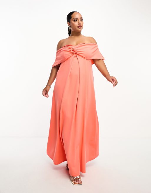 ASOS DESIGN Curve off shoulder twist bardot maxi dress in coral