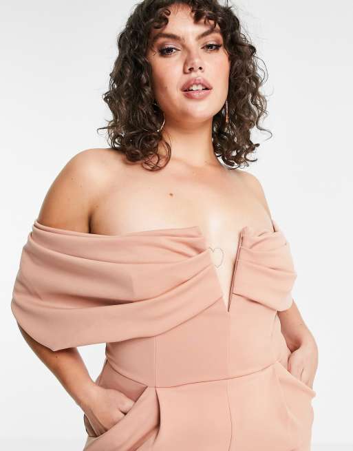ASOS DESIGN Curve  off shoulder v bar slim leg jumpsuit in scuba-style fabric, 3 of 4