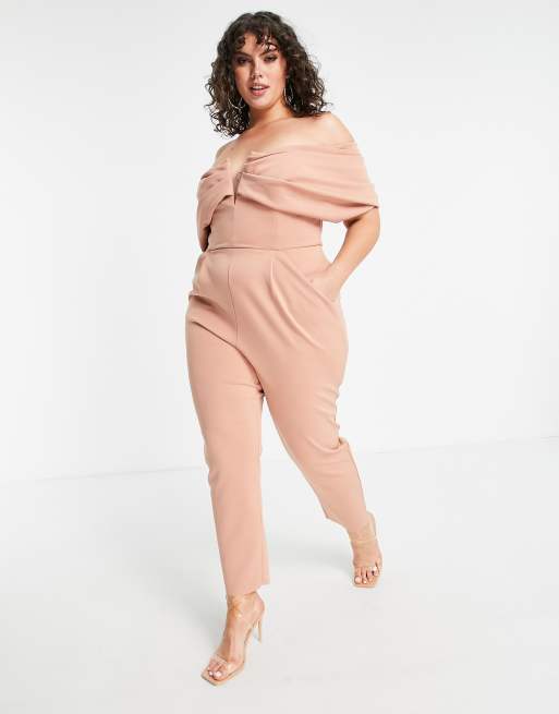 ASOS DESIGN Curve  off shoulder v bar slim leg jumpsuit in scuba-style fabric, 4 of 4