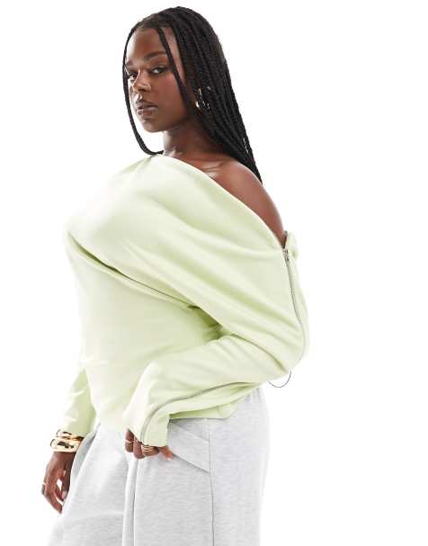 ASOS DESIGN Curve off shoulder zip top in green - view 1