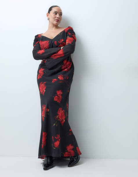 ASOS DESIGN Curve off the shoulder maxi dress in black based floral print - view 1
