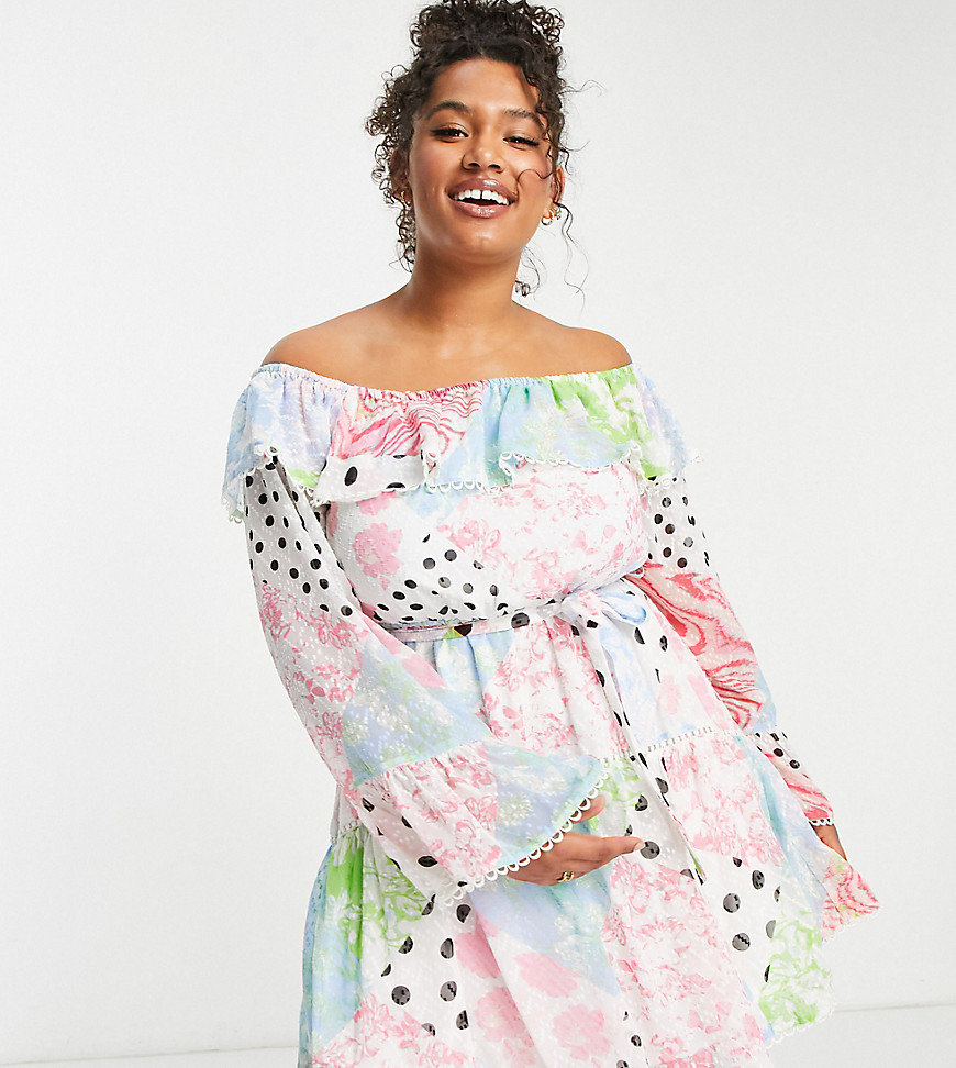 ASOS DESIGN Curve off the shoulder mini dress with lace inserts in patchwork print-Multi
